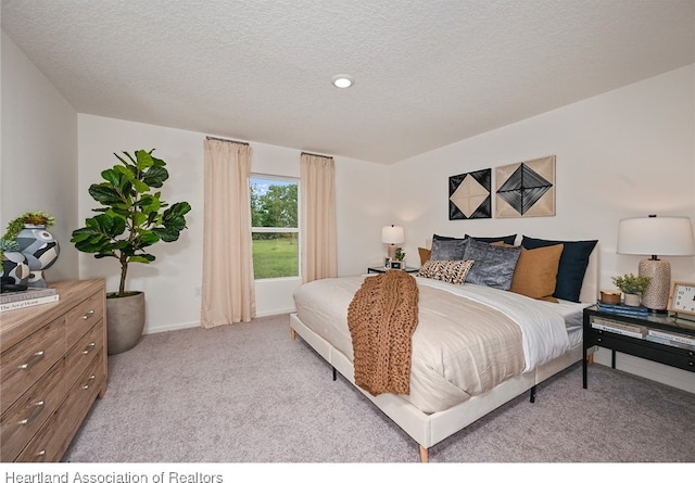 carpeted bedroom with a textured ceiling