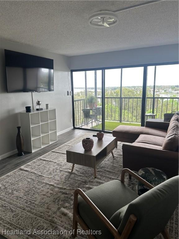 living room with hardwood / wood-style flooring and a textured ceiling