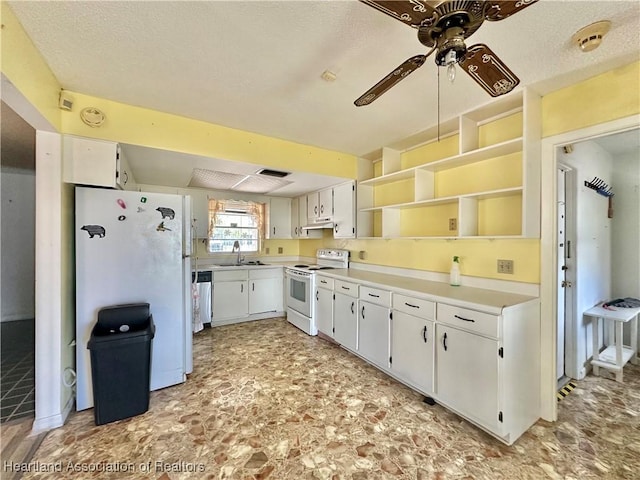 kitchen featuring open shelves, white appliances, a sink, and white cabinetry