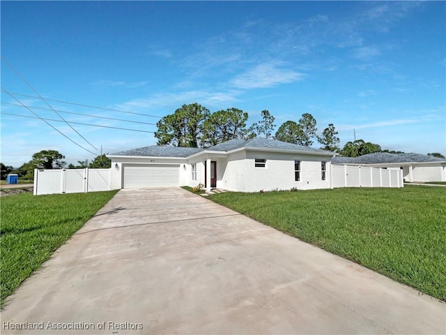 ranch-style house with a garage and a front lawn