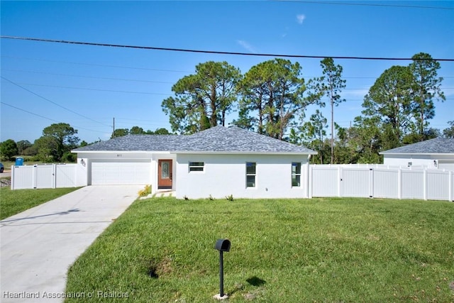 single story home with a front yard and a garage