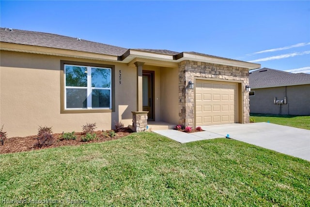 ranch-style house with a garage and a front lawn