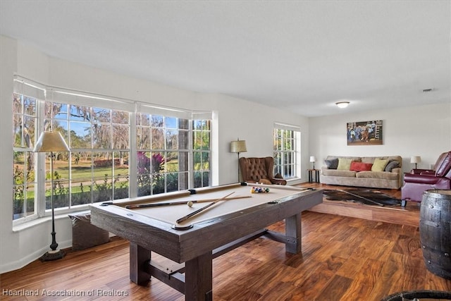 recreation room with hardwood / wood-style flooring and billiards