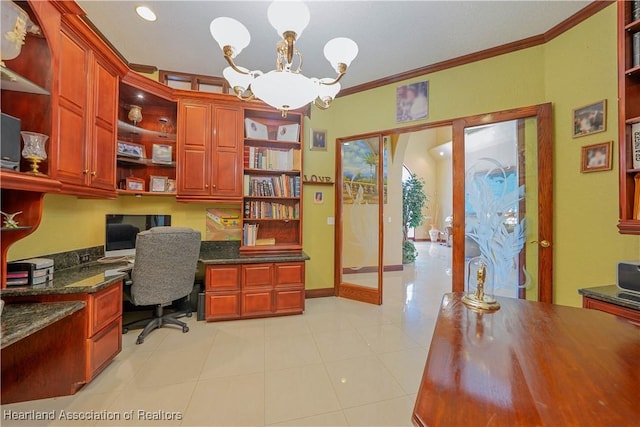 14630 Luray Rd, Southwest Ranches, FL 33330 - office area with built in study area, a chandelier, and crown molding