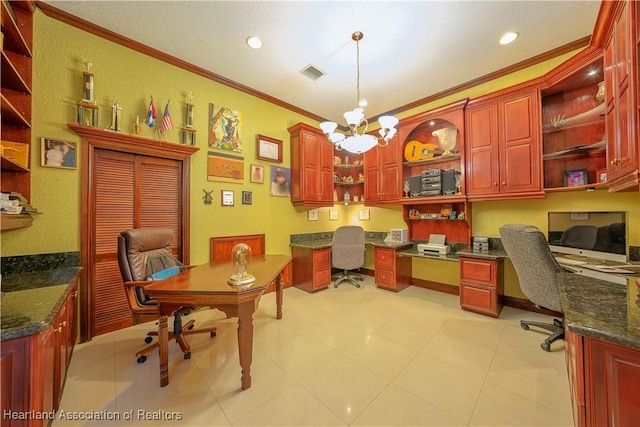 14630 Luray Rd, Southwest Ranches, FL 33330 - office space featuring built in desk, ornamental molding, a chandelier, recessed lighting, and light tile patterned flooring