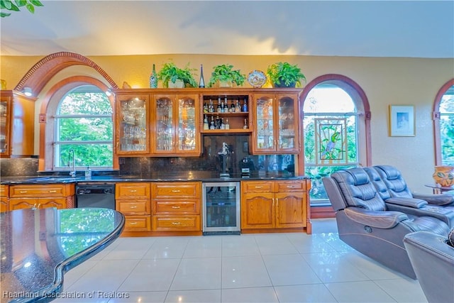 14630 Luray Rd, Southwest Ranches, FL 33330 - kitchen with beverage cooler, black dishwasher, backsplash, open floor plan, and plenty of natural light