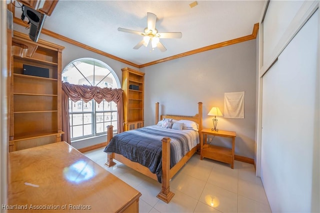 14630 Luray Rd, Southwest Ranches, FL 33330 - bedroom featuring crown molding, baseboards, a ceiling fan, and light tile patterned floors
