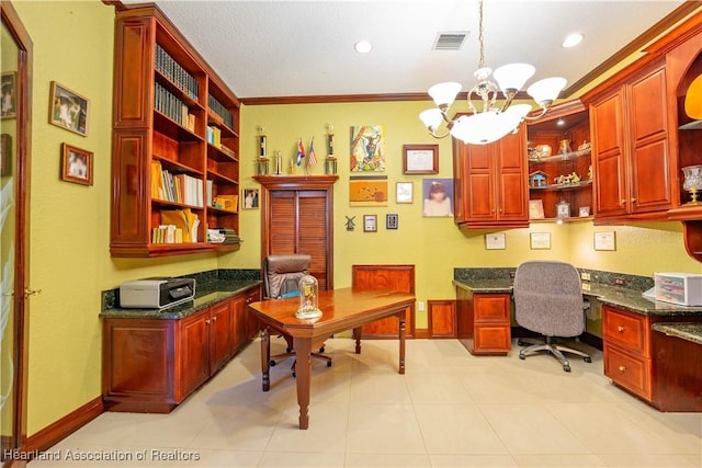 14630 Luray Rd, Southwest Ranches, FL 33330 - office featuring built in desk, a chandelier, ornamental molding, light tile patterned flooring, and baseboards