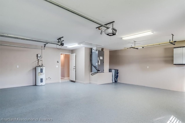 garage with electric water heater, a garage door opener, and heating unit