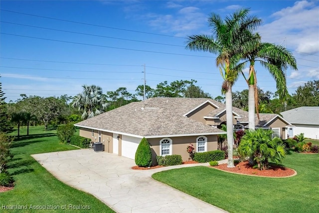 single story home featuring a front lawn and cooling unit