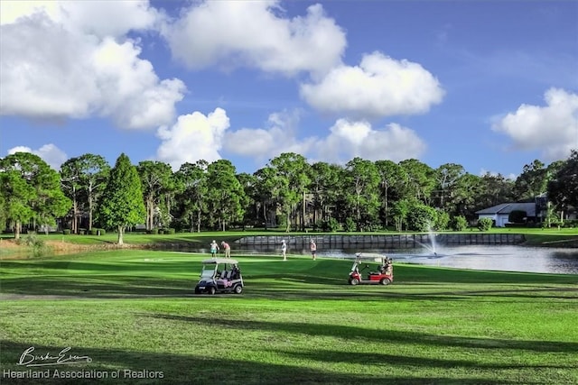 view of community featuring a water view and a lawn