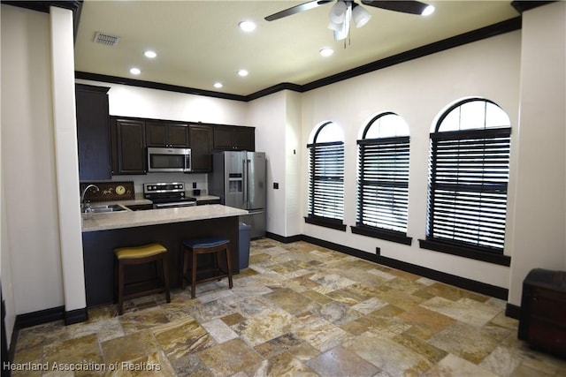 2230 Lake Ariana Blvd, Auburndale, FL 33823 - kitchen featuring appliances with stainless steel finishes, ornamental molding, light countertops, plenty of natural light, and a ceiling fan