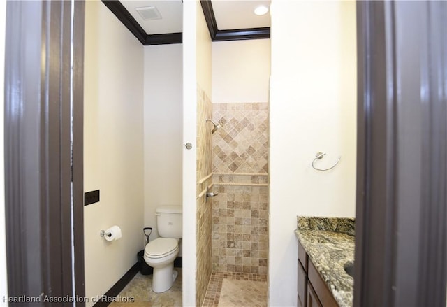 2230 Lake Ariana Blvd, Auburndale, FL 33823 - full bathroom with ornamental molding, vanity, a tile shower, and tile patterned floors