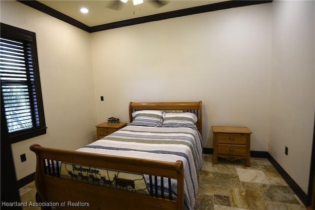 2230 Lake Ariana Blvd, Auburndale, FL 33823 - bedroom featuring stone finish floors, crown molding, and a ceiling fan