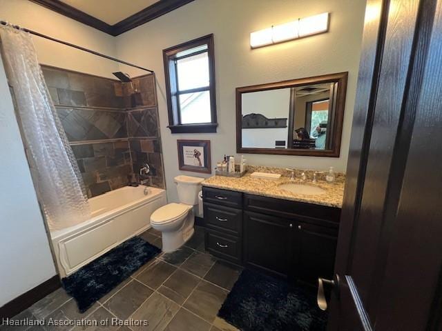 2230 Lake Ariana Blvd, Auburndale, FL 33823 - bathroom with vanity, shower / tub combo with curtain, ornamental molding, and tile patterned flooring