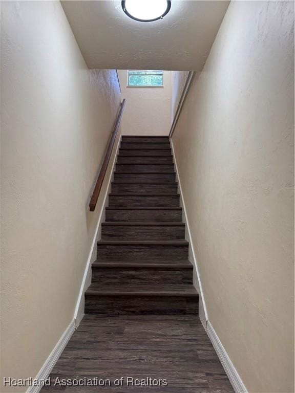 stairs featuring wood finished floors
