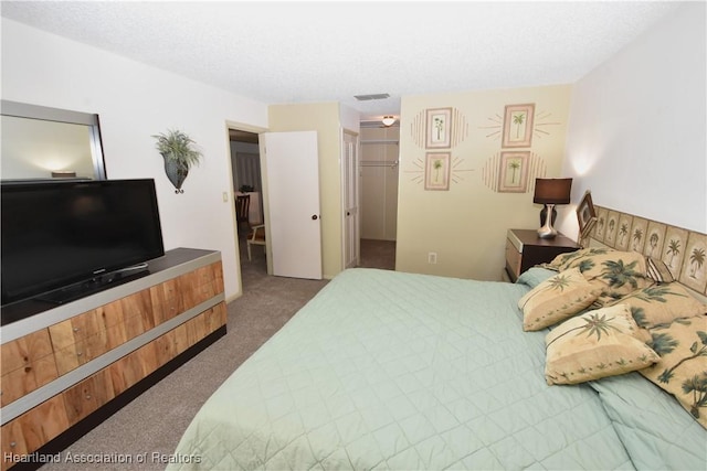 bedroom with carpet floors, a textured ceiling, and a closet