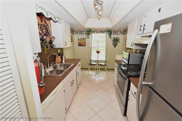 kitchen with stainless steel appliances, white cabinetry, a tray ceiling, and sink