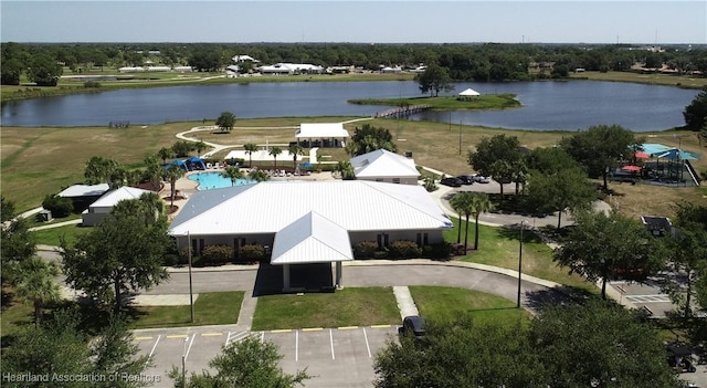 aerial view featuring a water view