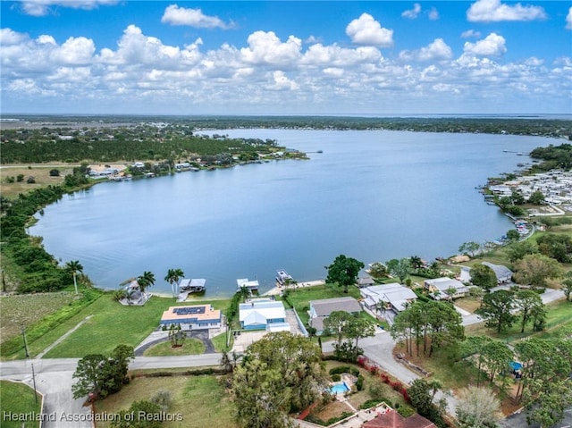 drone / aerial view featuring a water view