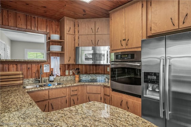 kitchen featuring wooden ceiling, a sink, appliances with stainless steel finishes, light stone countertops, and open shelves