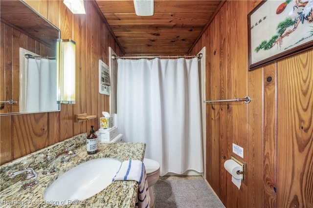 full bathroom featuring toilet, wood walls, vanity, wood ceiling, and a shower with curtain