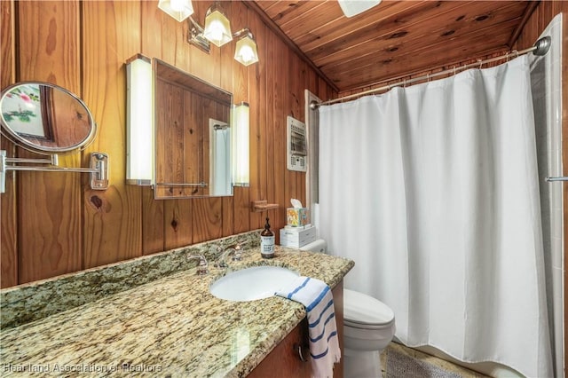 full bath featuring toilet, wooden walls, vanity, a shower with curtain, and wooden ceiling