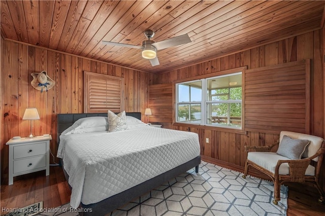 bedroom with wooden ceiling, wooden walls, and a ceiling fan