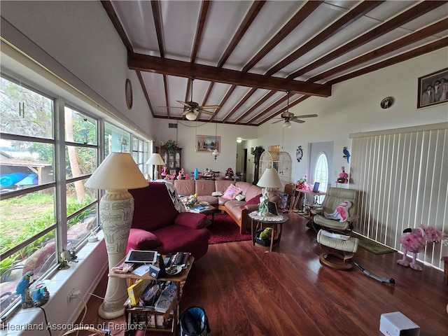 living room with hardwood / wood-style flooring, ceiling fan, and lofted ceiling with beams