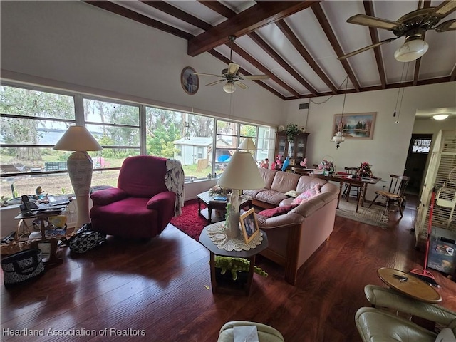 living room featuring beamed ceiling, ceiling fan, dark hardwood / wood-style flooring, and high vaulted ceiling