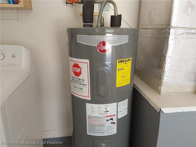 utility room with electric water heater and washer / dryer