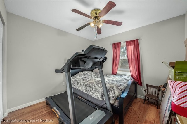 workout area with hardwood / wood-style flooring and ceiling fan