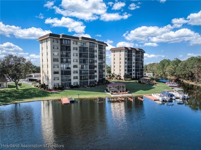 view of water feature with a dock