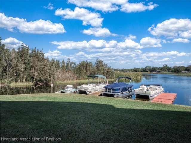 dock area with a water view and a lawn