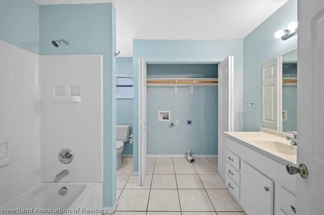 full bathroom with tile patterned flooring, shower / tub combination, vanity, and toilet