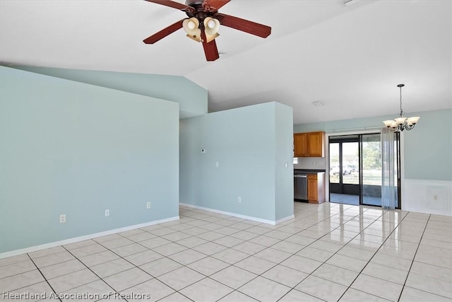 unfurnished living room featuring light tile patterned floors, ceiling fan with notable chandelier, and lofted ceiling