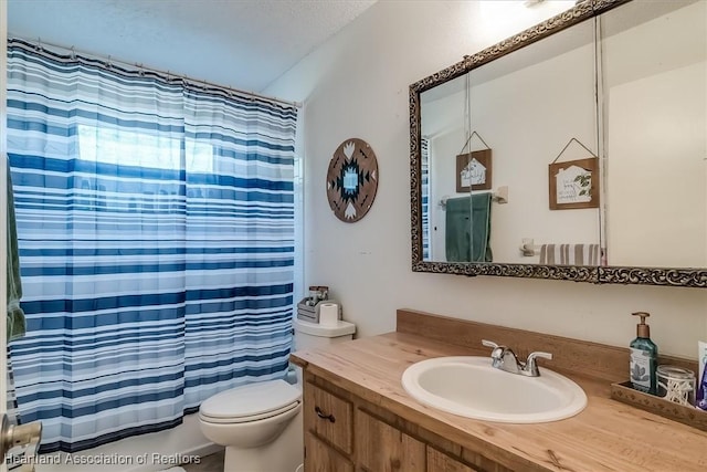 full bathroom featuring toilet, vanity, shower / bathtub combination with curtain, and a textured ceiling