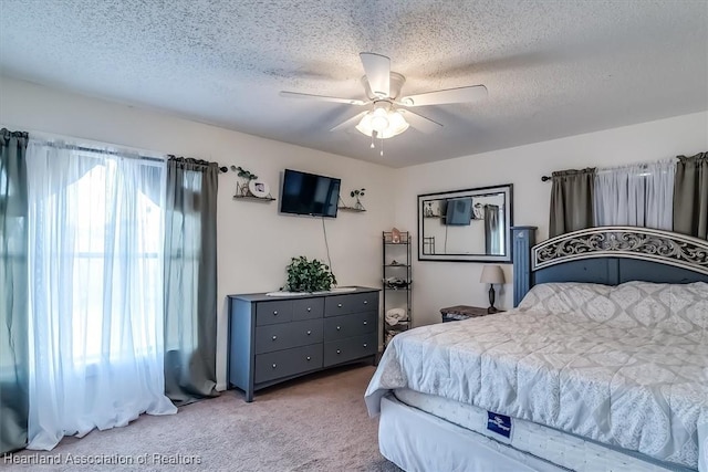 carpeted bedroom featuring ceiling fan, multiple windows, and a textured ceiling