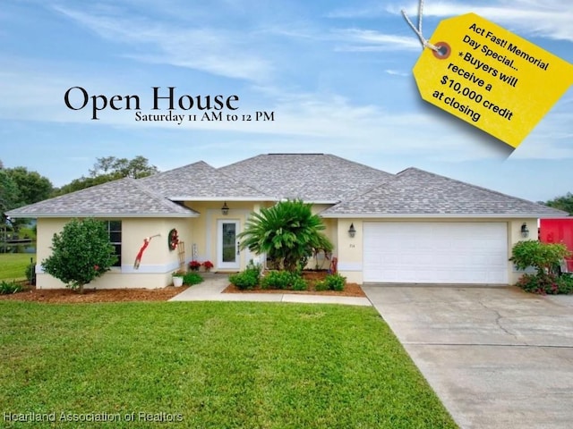 714 S Sun Blvd N, Lake Placid, FL 33852 - view of front of house with stucco siding, an attached garage, concrete driveway, and a front lawn