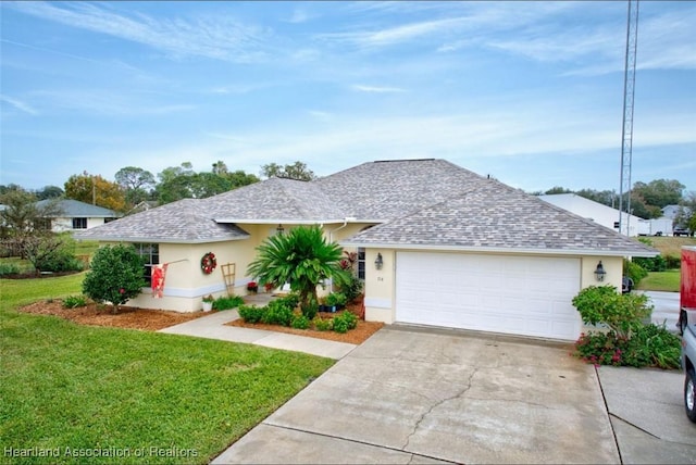 ranch-style house featuring a garage and a front yard