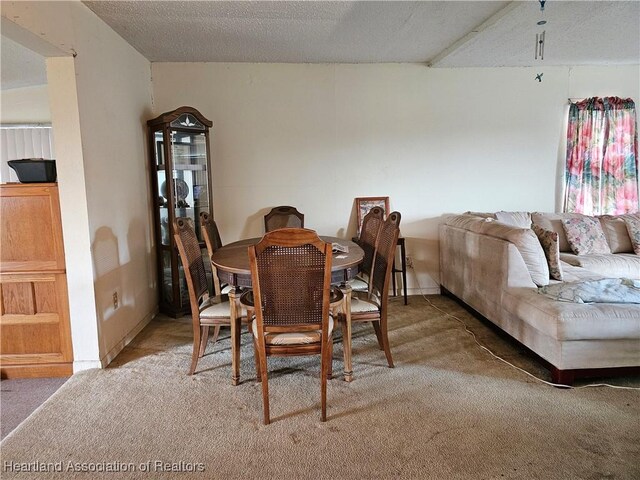 dining room with carpet flooring and a textured ceiling