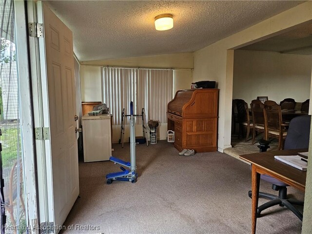 carpeted home office with lofted ceiling and a textured ceiling