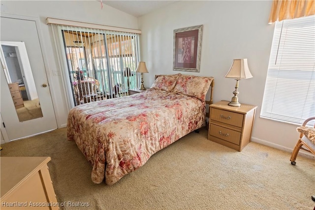 bedroom featuring lofted ceiling and carpet floors