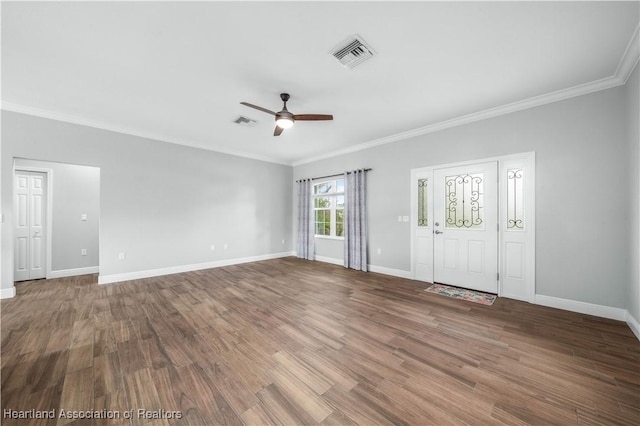 interior space featuring hardwood / wood-style floors, ornamental molding, and ceiling fan