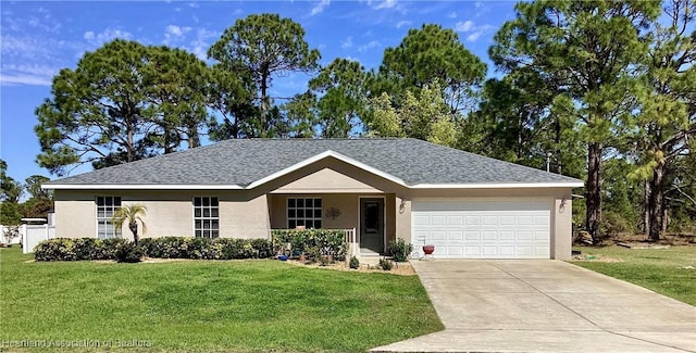 single story home with driveway, roof with shingles, an attached garage, a front lawn, and stucco siding