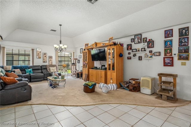 living room with lofted ceiling, carpet, a textured ceiling, and an inviting chandelier