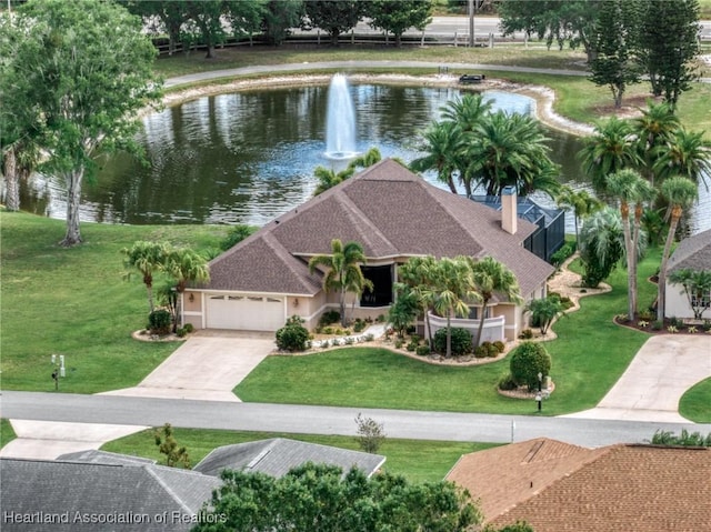 drone / aerial view featuring a water view
