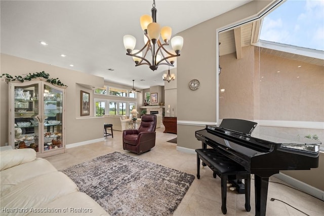 tiled living room with a chandelier, a fireplace, baseboards, and recessed lighting