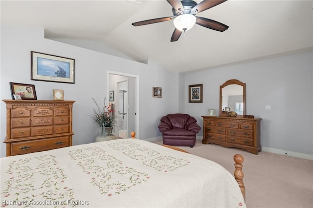 carpeted bedroom featuring baseboards, a ceiling fan, and lofted ceiling