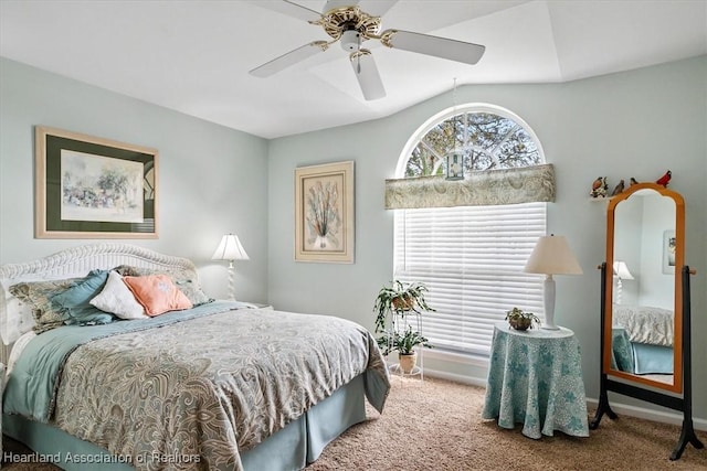 bedroom with ceiling fan and carpet flooring